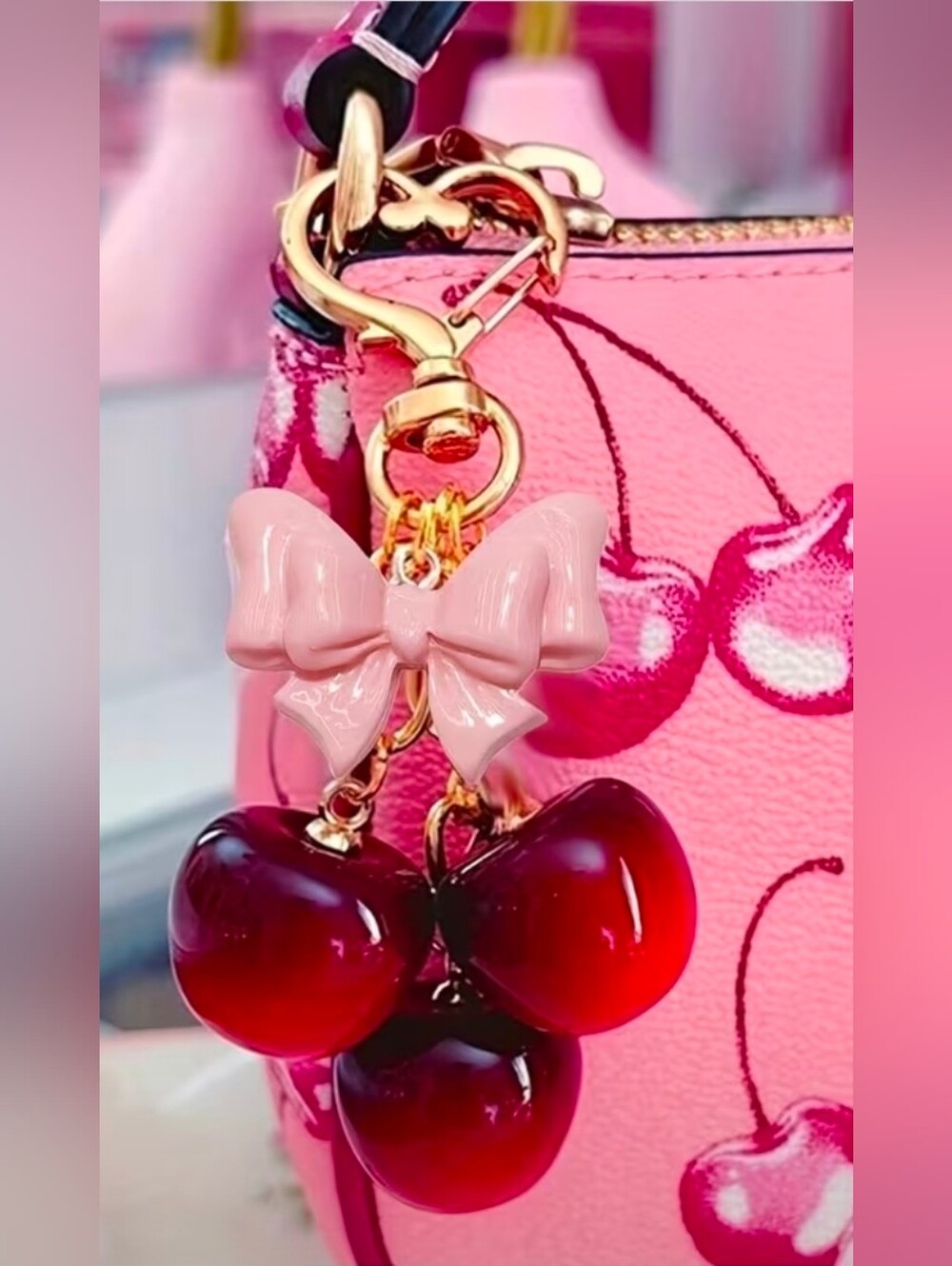 Gold-Tone Cherry Keychain Bag Charm Cell Pink Bow